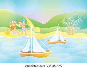 ilustração vetorial. paisagem com praia do mar. palmeiras e barcos. lua de mel recém-casados. piquenique na praia. casal em férias de verão, em férias. praia férias