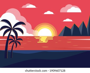 Ilustración vectorial - paisaje. Mar, montañas, palmeras. Amanecer.