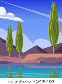 Ilustración vectorial de un paisaje de mar, montañas y cipreses. Antecedentes de verano sobre el tema de las vacaciones y los viajes.