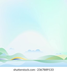 Ilustración vectorial de un paisaje con mar y montañas en el fondo.