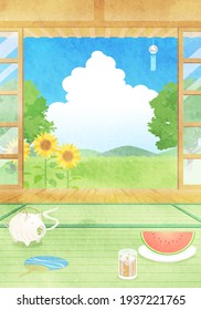 Vector illustration of landscape seen from the veranda of summer (watercolor)