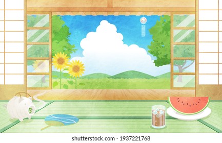 Vector illustration of landscape seen from the veranda of summer (watercolor)