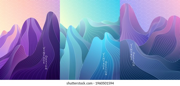 Vector illustration landscape set. Hills, mountains. Linear wave pattern. Striped color background. Asian style. Design for poster, book cover, web template, brochure, card, magazine, layout