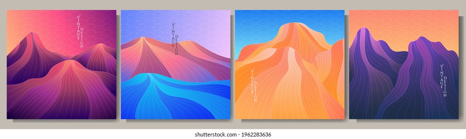 Vector illustration landscape set. Hills, mountain, sea. Linear wave pattern. Striped color background. Asian style. Design for social media template, web banner. Line art concept. Hand drawn elements