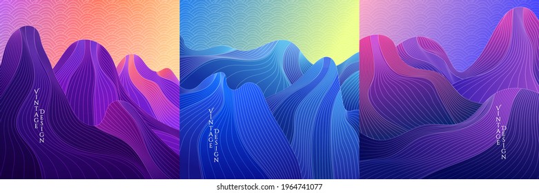 Vector illustration. Landscape set. Hills, mountains. Linear wave concept. Striped background. Asian style. Japanese line pattern. Design for social media template, web banner. Blue, purple color