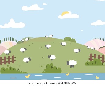 Vector illustration. Landscape with sheep, river and ducks
