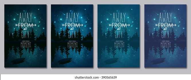 Vector illustration of Landscape. Silhouette of forest at a lake with boat at night sky. Inspirational quote to rest outdoors or out of town. Wildlife and nature. Set of instagram filter