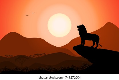 Vector illustration of a landscape silhouette of a king lion standing on a rock against a sunset background. African nature with a lion.
