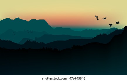 Vector illustration landscape of silhouette mountains in fog and birds.
