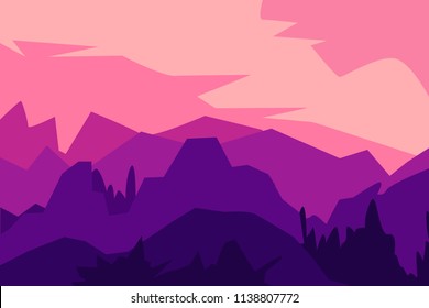 Vector illustration. Landscape with silhouettes of  mountains, hills and forest. 