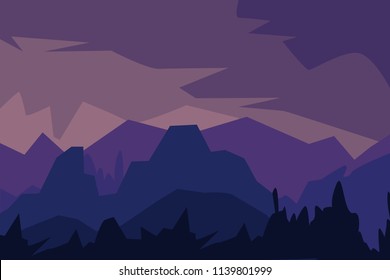Vector illustration. Landscape with silhouettes of  mountains, hills and forest. 