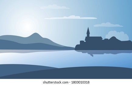 Ilustración vectorial desde el paisaje, como el cielo y el castillo 