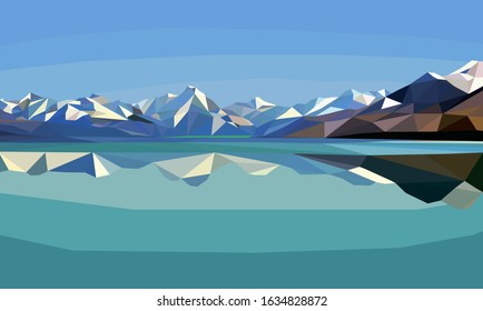 Vector illustration of landscape with snow, mountains and lake. Nature art poster or print