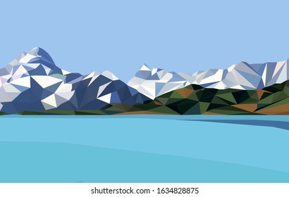 Vector illustration of landscape with snow, mountains and lake. Nature art poster or print