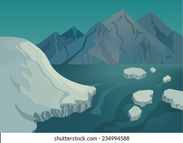 Vector illustration of Landscape with snow-capped mountains, blue lake and ice floes