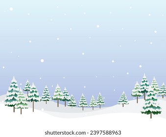 Eine Vektorgrafik einer Landschaft mit schneebedeckten Bäumen auf einem Hügel.