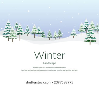 A vector illustration of a landscape with snow-covered trees on a hill with text space.