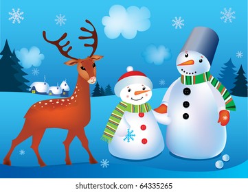 Vector illustration of   landscape with snowmen and deer
