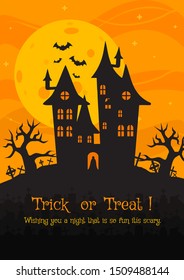 Vector illustration of a landscape with a spooky haunted halloween castle and a full moon in a graveyard. Dracula castle and various silhouettes of flying bats against full moon