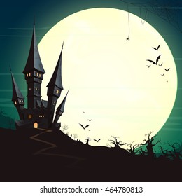 Vector Illustration of a Landscape with a Spooky Haunted Halloween Castle and a Full Moon