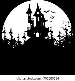 Vector Illustration of a Landscape with a Spooky Haunted Halloween Castle and a Full Moon