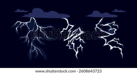 Vector illustration of a landscape of a stormy sky with lightning. Cartoon scene of a beautiful dark sky with white clouds, discharge of linear lightning,thunder.Natural phenomenon.Electric discharge.