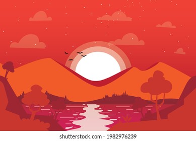 Vector illustration landscape. Summer season. Forest, valley, mountain peak. Vacation concept. Cartoon abstraction. Scenery. Simple wallpapers.illustration