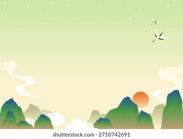 Vector illustration of a landscape with sun and mountains.