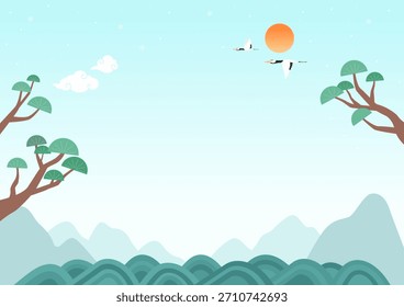 Ilustración vectorial de un paisaje soleado y montañoso.