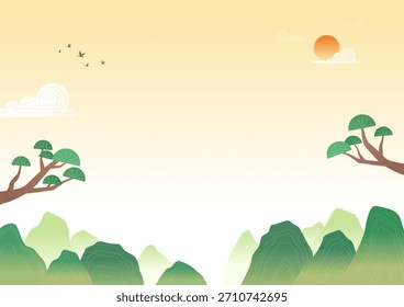 Ilustración vectorial de un paisaje soleado y montañoso.