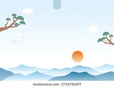 Ilustración vectorial de un paisaje soleado y montañoso.