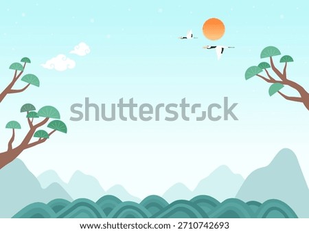 Vector illustration of a landscape with sun and mountains.