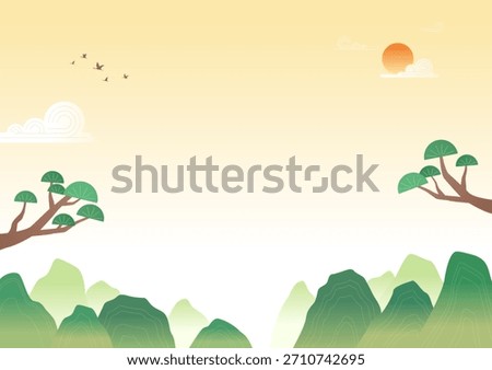 Vector illustration of a landscape with sun and mountains.