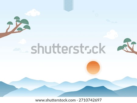 Vector illustration of a landscape with sun and mountains.