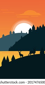 vector illustration landscape sunrise in the forest fields are Christmas trees walking deer