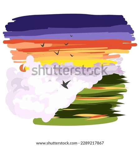 vector illustration of the landscape. sunset, clouds and birds.