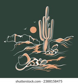 Vector illustration of landscape, sunset in the desert. Wild West with mountains and cactus, with a cowboy hat in the foreground. Flat linear illustration using three colors on a dark background