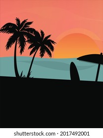 vector illustration landscape sunset sunset on the beach there are palm trees next to an umbrella and a surfboard