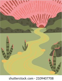Vector illustration. Landscape with sunset, rays of the sun, yellow road, cacti, mountains, forest