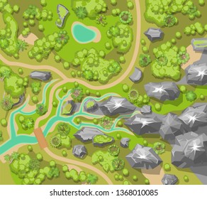 Vector illustration. Landscape. (Top view)
Mountains, river, trees. (View from above)