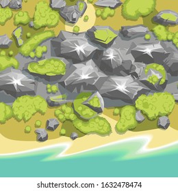 Vector illustration. Landscape. (Top view)
Mountains, trees, coast, sea. (View from above)