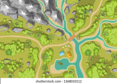 Vector illustration. Landscape and tourist camp. (Top view) 