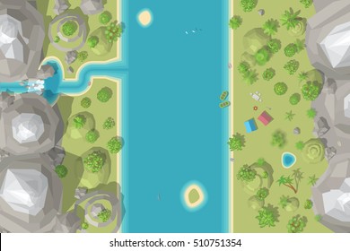 Vector Illustration. Landscape And Tourist Camp. (Top View)
Mountains, Hills, Waterfall, River, Trees, Tents, Boats. (View From Above)