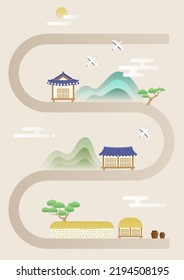 Vector illustration of a landscape with a traditional Korean house.