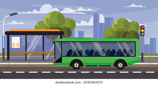 Ilustración vectorial de un paisaje con una parada de tráfico. Escenas de dibujos animados de una parada de transporte, horario, autobús, carretera, semáforo, linterna, árboles, siluetas de edificios de varios pisos, cielo con nubes.