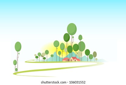 vector illustration of landscape with tree and cottage