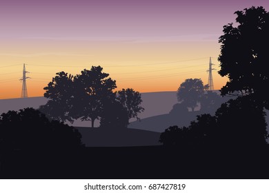 Vector illustration of a landscape with trees and columns of a power line under the sky with clouds and dawn