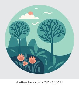 Vector illustration of a landscape with trees and flowers. Flat style.