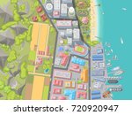 Vector illustration. Landscape view from above. City, buildings, skyscrapers, houses, stadium, park, road, port, sea, farm, field. (top view) 