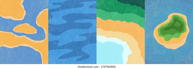 Vector illustration. Landscape view from above. Wood surface texture. Top view scene. Topographic map pattern. Mountain background. Asian style. Design for poster, book cover, web template, brochure. 